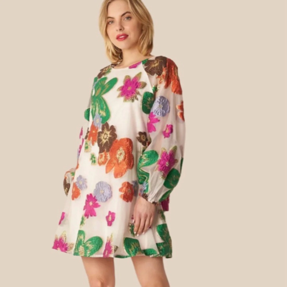 New En Creme size M Multicolor lined organza Floral Dress
